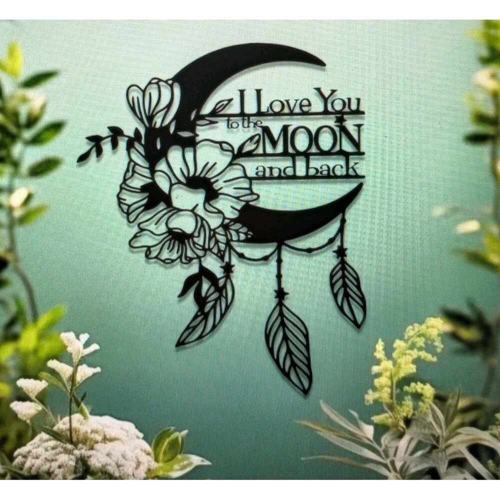 "Love You To The Moon & Back" Theme Black Moon 2D Iron Metal Wall Art New Plaque
